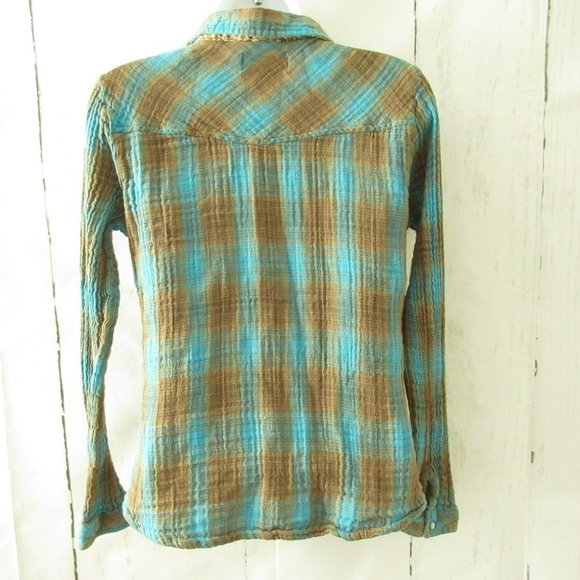 Tasha Polizzi Pearl Snap Top S M Blue Brown Plaid Flannel Long Sleeve Western - Picture 4 of 5